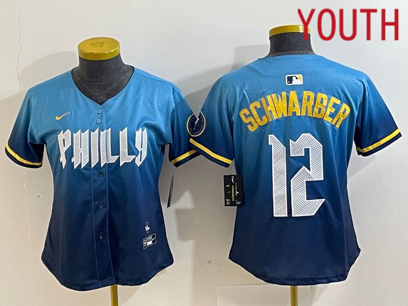 Youth Philadelphia Phillies #12 Schwarber Blue City Edition Nike 2024 MLB Jersey style 1